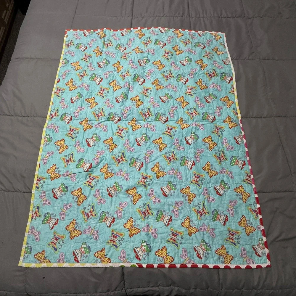 Vintage Daisy Kingdom Blue Jean Teddy Handmade Baby Quilt Butterfly Print 34x42